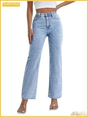High Waisted Straight Leg Pearl Beaded Jeans Women Denim Pants Stretch Casual